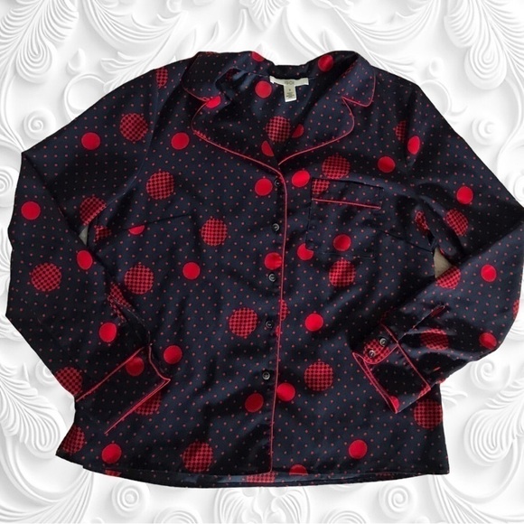 1901 Button Up Long Sleeve Navy Blouse With Red Polka Dots Small NWOT - Picture 2 of 6